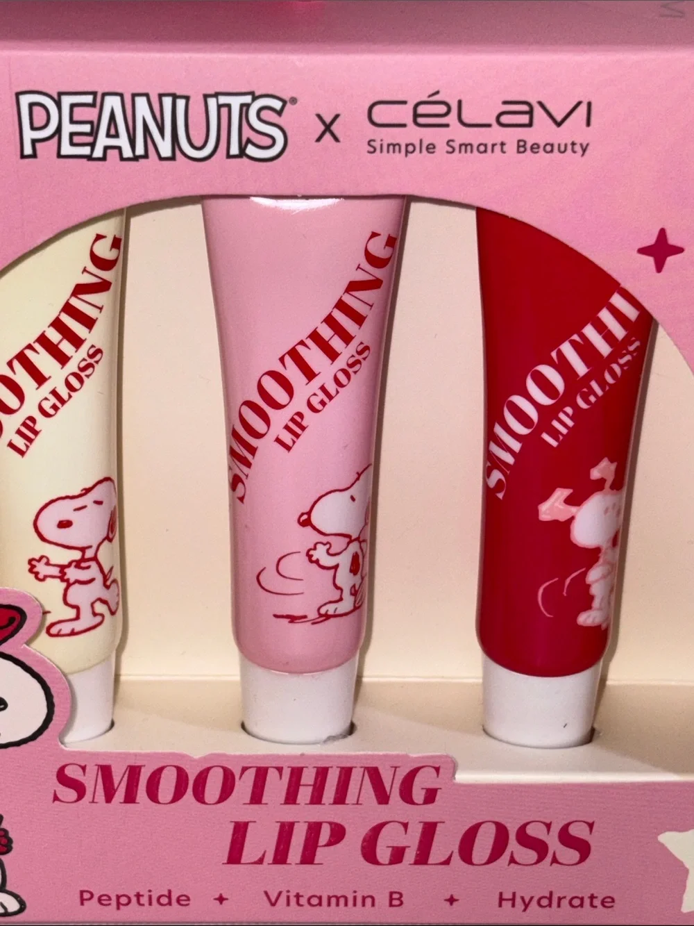 Peanuts x Célavi Smoothing Lip Gloss 3 pc Set - Pink/Red/White